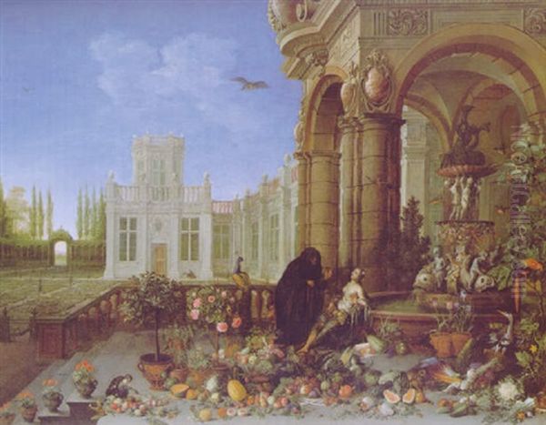 Vertumnus Und Pomona Bei Einem Steinernen Brunnen Auf Derterrasse Eines Prachtigen Schlosses Inmitten Einer Uppigen Fulle Von Blumen, Fruchten Und Feldfruchten Oil Painting by Peter Gysels