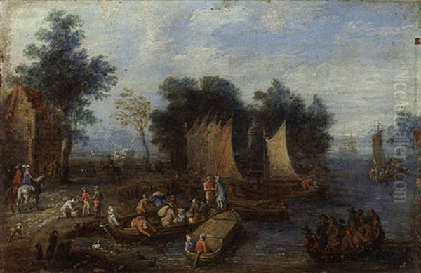 A Wooded River Landscape With Villagers Unloading Ferries By A Quay Oil Painting by Peter Gysels