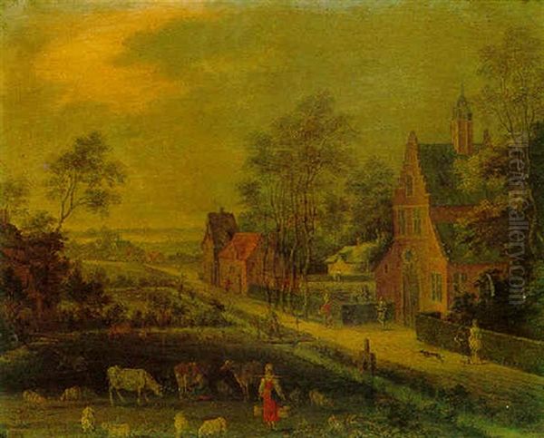 A Landscape With Cattle, A Milkmaid And Other Figures Promenading by Peter Gysels