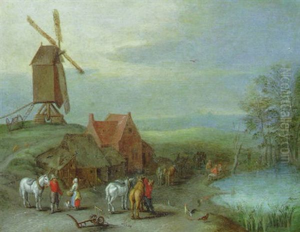 A Landscape With A Windmill And Peasants And Horses By A Pool by Peter Gysels