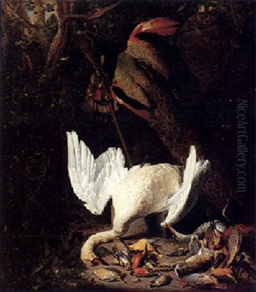 Still Life Of Dead Game, A Hung White Swan, A Peacock, And Other Birds All In A Landscape Oil Painting by Peter Gysels