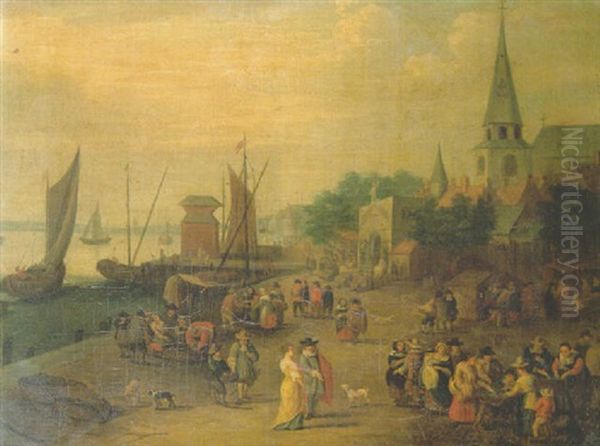 A Fishmonger On A Quay Outside A City Gate Oil Painting by Peter Gysels