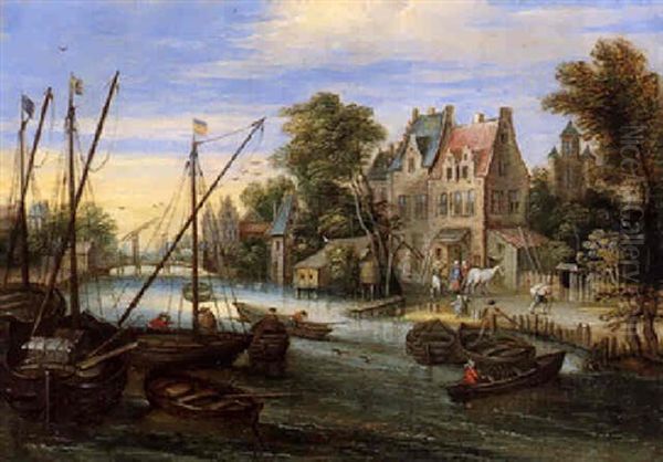 Handels Und Fischerboote Auf Einem Kanal, Rechts Ein Dorf by Peter Gysels