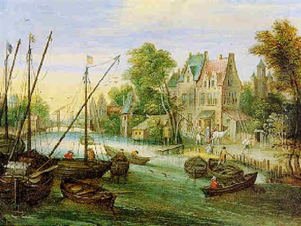 Handels- Und Fischerboote Auf Einem Kanal, Rechts Ein Dorf Oil Painting by Peter Gysels