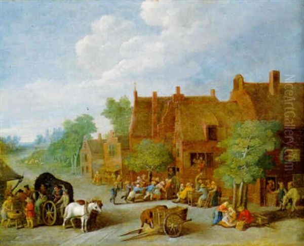 A Village Street With Peasants Carousing And A Wagon At A Stall Oil Painting by Peter Gysels