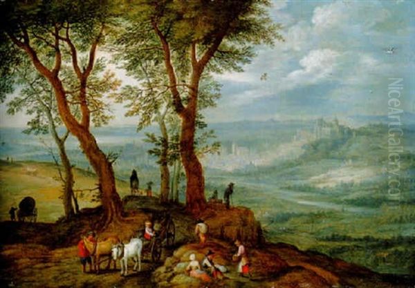 An Extensive Landscape With Peasants And Wagons On A Wooded Hilltop Oil Painting by Peter Gysels