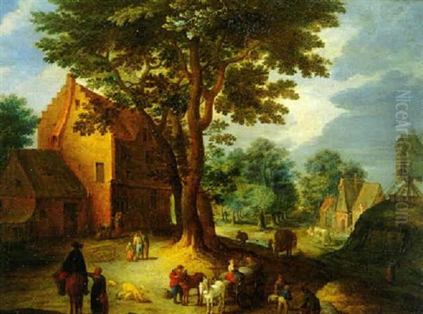 A Village Scene With A Windmill Oil Painting by Peter Gysels