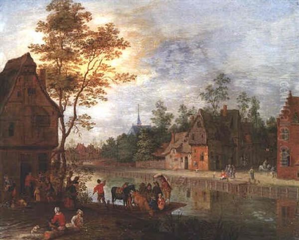 A Ferry Loaded With Passengers And Livestock On A Canal Running Through A Village Oil Painting by Peter Gysels