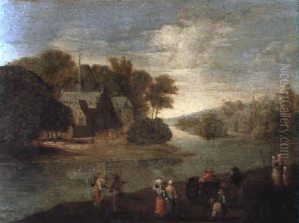 A River Landscape With Peasants On A Bank, A Church Beyond Oil Painting by Peter Gysels