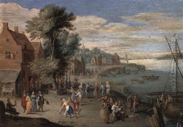 River Landscape With Gentry And Peasants Dancing On A Quay Oil Painting by Peter Gysels