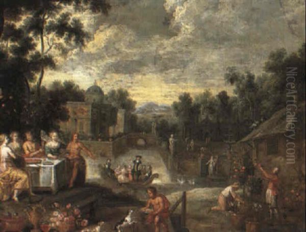 Grounds Of A Villa With Figures Feasting Oil Painting by Peter Gysels