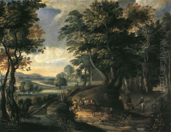 Waldlandschaft Mit Einem Pferdefuhrwerk Und Reitern Oil Painting by Peter Gysels