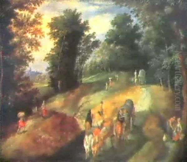 Travellers On A Wide Road In A Wooded Landscape by Peter Gysels