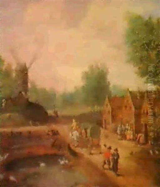 Ein Flamisches Dorf Mit Einer Windmuhle Und Einem Pferde-   Wagen Oil Painting by Peter Gysels