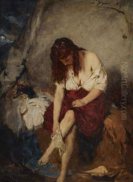 Girl Washing By A River Oil Painting by Nikolaus Gysis