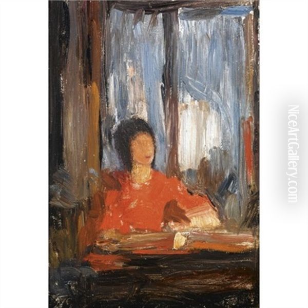 Seated Woman With Red Dress Next To A Window Oil Painting by Nikolaus Gysis