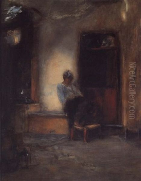 A Woman Sewing Beside A Doorway Oil Painting by Nikolaus Gysis