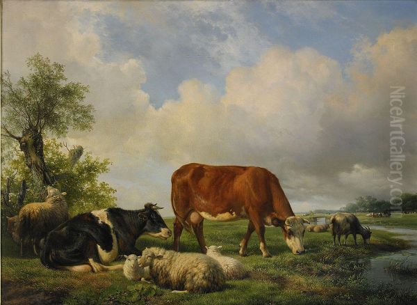 Landskap Med Betande Boskap Oil Painting by Hendrikus van den Sande Bakhuyzen