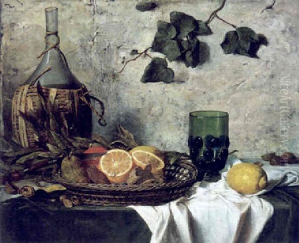 Stilleben Mit Weinflaschen Und Korb Mit Herbstlichen Fruchten Oil Painting by Nikolaus Gysis