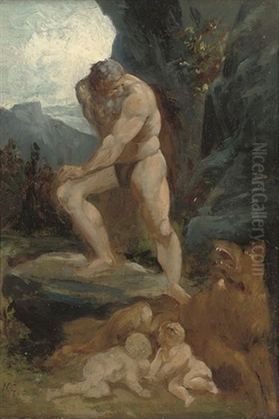 Faustulus Happening Upon Romulus And Remus Suckling On A She-wolf Oil Painting by Nikolaus Gyzis