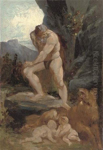 Faustulus Happening Upon Romulus And Remus Suckling On A She-wolf Oil Painting by Nikolaus Gyzis