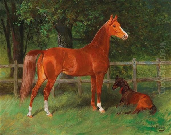 Chestnut With Foal In The Meadow Oil Painting by Hans (Johann) Haag