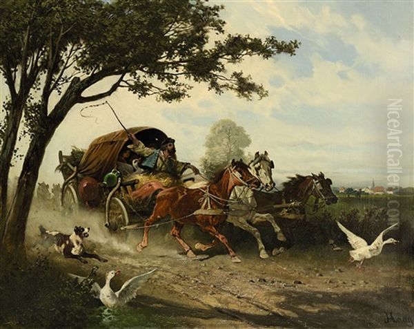 Dreispanniger Zigeunerwagen In Rasanter Fahrt Oil Painting by Hans (Johann) Haag