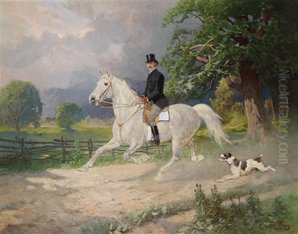 Eleganter Reiter, Begleitet Von Seinem Hund Oil Painting by Hans (Johann) Haag