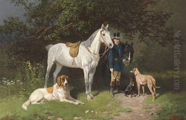 Reiter Mit Zwei Pferden Und Hunden by Hans (Johann) Haag