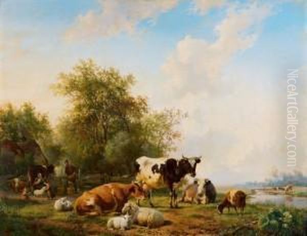 Kuhe Und Schafe Vor Einem Waldchen Bei Einemgewasser. Oil Painting by Hendrikus van den Sande Bakhuyzen