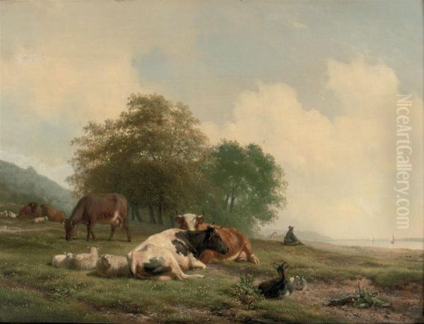 Cattle Resting On The River Bank Oil Painting by Hendrikus van den Sande Bakhuyzen