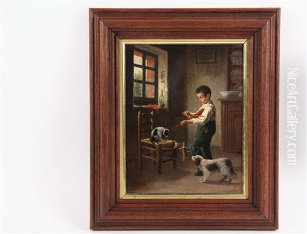 Boy Amusing Two Dogs With Marionette Oil Painting by Jean-Paul Haag