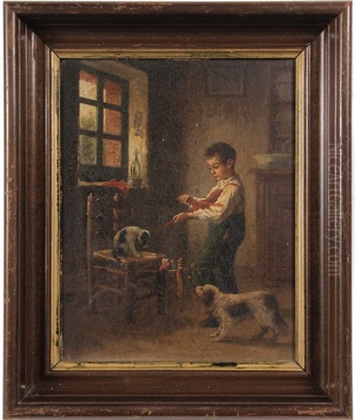 Boy Amusing Cat And Dog With Marionette Oil Painting by Jean-Paul Haag