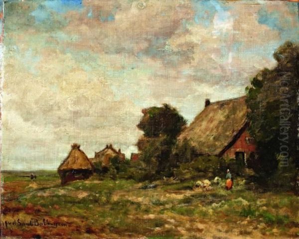 Boerin Op Landerf Bij Exloo, Drenthe Oil Painting by Julius Jacobus Van De Sande Bakhuyzen