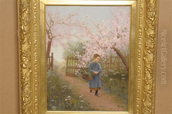 Young Girl Carrying A Basket On A Sunlit Path In An Orchard Oil Painting by Jean-Paul Haag