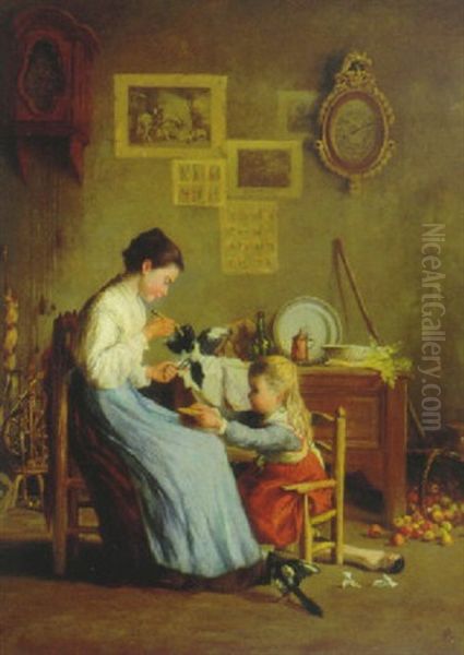 Mother And Daughter Tending To Their Pet Bird Oil Painting by Jean-Paul Haag