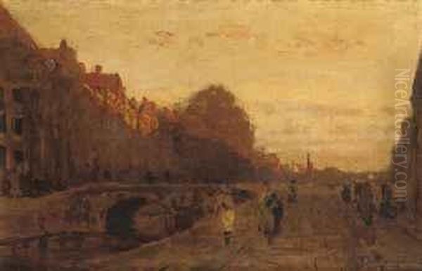 Het Spui Zonsondergang: The Spui At Sunset, The Hague Oil Painting by Julius Jacobus Van De Sande Bakhuyzen