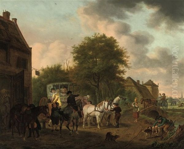 An Elegant Company In A Carriage, Stopping In A Village Oil Painting by Tethart Philip Christian Haag