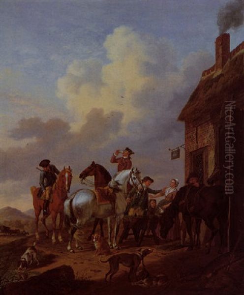 A Hunting Party Taking Refreshment Outside An Inn Oil Painting by Tethart Philip Christian Haag