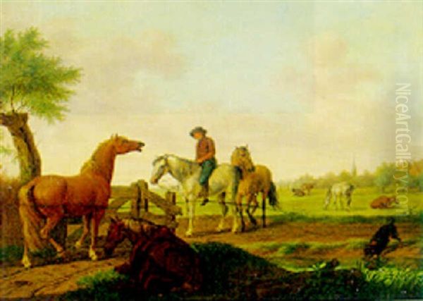 A Horseman By A Stream In A Meadow, A Village Beyond Oil Painting by Tethart Philip Christian Haag