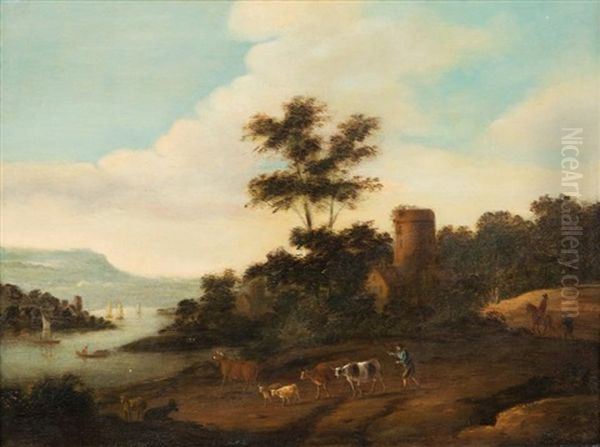 Paysage Campagne Avec Villageois Et Ses Betes Le Long Du Fleuve Oil Painting by Joris van der Haagen