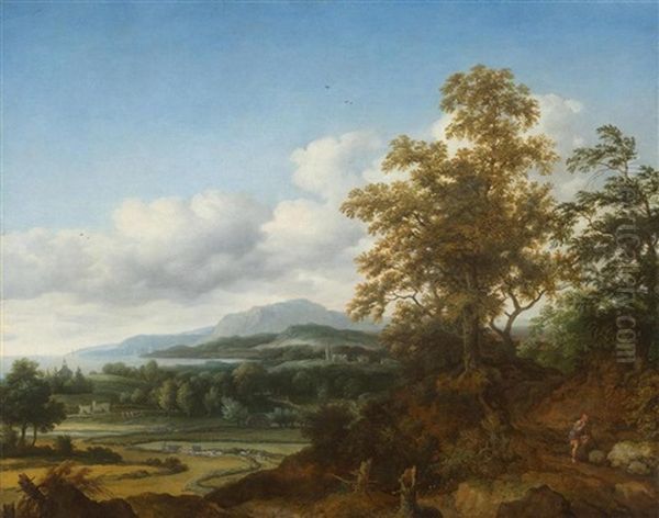 View Of A Lake Landscape With A Group Of Trees In The Foreground Oil Painting by Joris van der Haagen