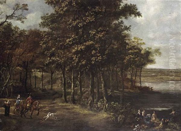 A Forest Landscape With An Elegant Company On Horseback And Bathers Oil Painting by Joris van der Haagen