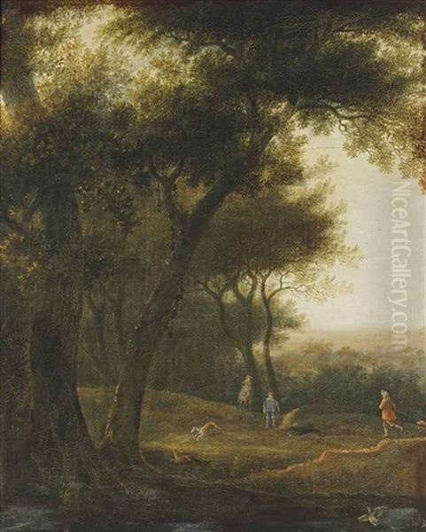 A Wooded Landscape With A Hunting Party Oil Painting by Joris van der Haagen