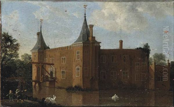 A View Of Ilpenstein Castle, Ilpendam, With Figures On The Drawbridge And Children Playing In The Foreground by Joris van der Haagen