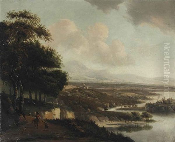 An Extensive Italianate River Landscape With Horsemen On A Path Oil Painting by Joris van der Haagen