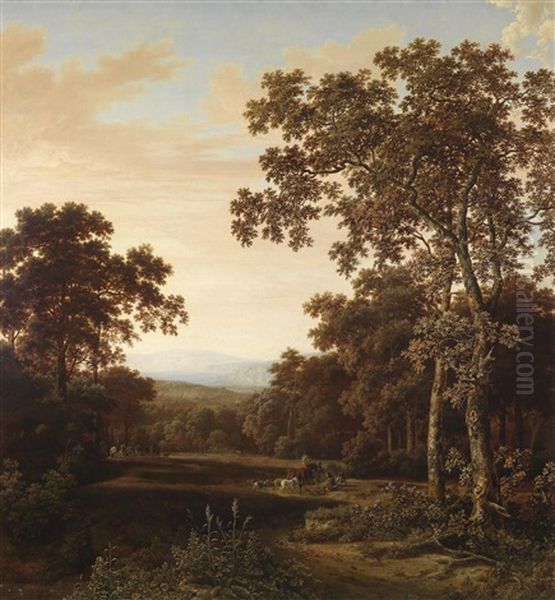 Eine Bewaldete Landschaft, Rechts Im Vordergrund Zwei Hohe Laubbaume, Dahinter Eine Reiterin Und Berittene Jager Oil Painting by Joris van der Haagen