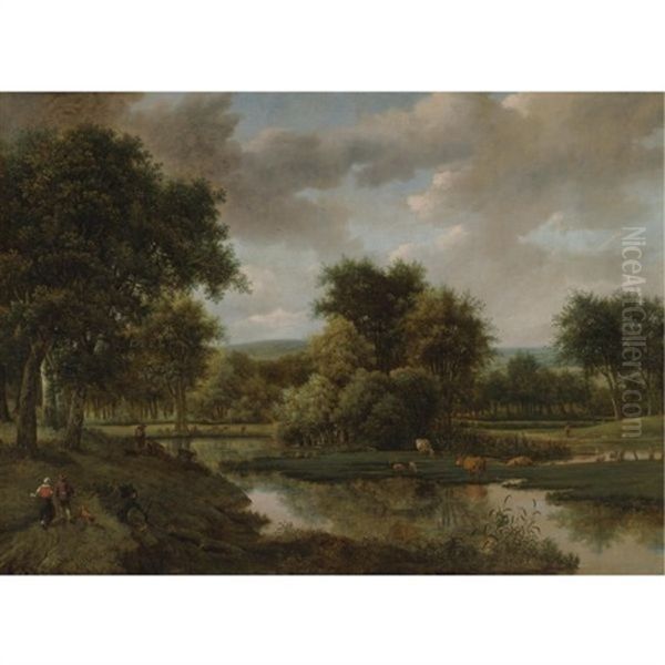 A Marshland Clearing With Peasants And Cattle, Rising Hills Beyond Oil Painting by Joris van der Haagen