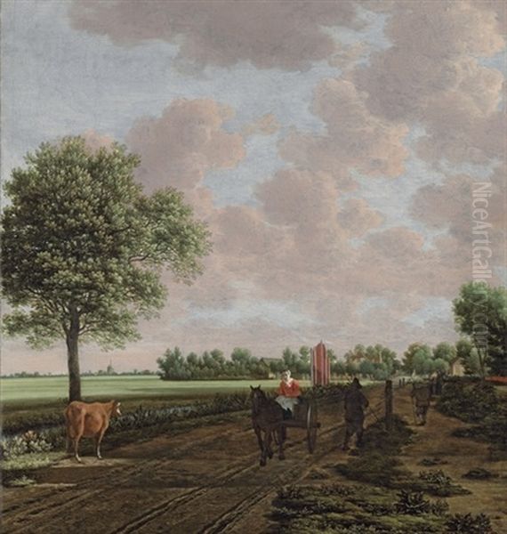 A Pastoral Landscape With A Woman Driving A Horsecart And Other Travellers On The Path, A Windmill Beyond Oil Painting by Joris van der Haagen