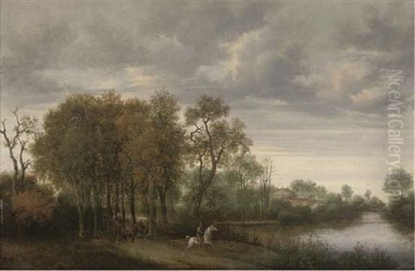 A Wooded River Landscape With A Horseman And A Horse And Cart On A Path Oil Painting by Joris van der Haagen